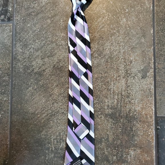 Youth Boy Clip On Tie, Gray, Black, Purple, White Stripe - Picture 8 of 8